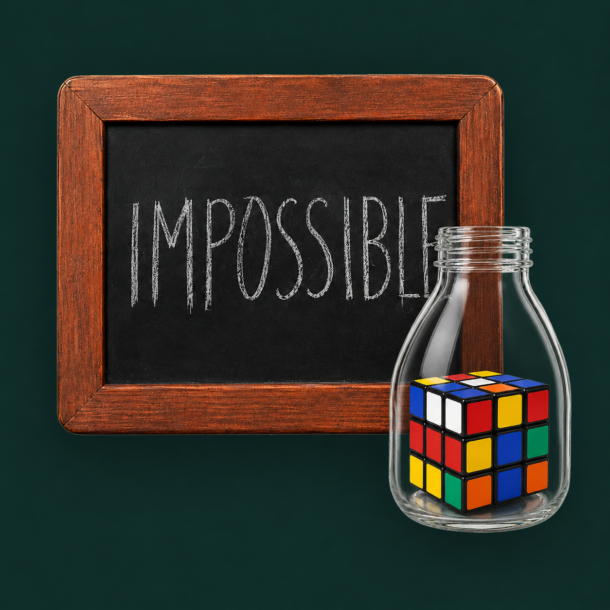 A framed chalkboard reading Impossible beside a clear glass bottle containing a mixed Rubik’s Cube